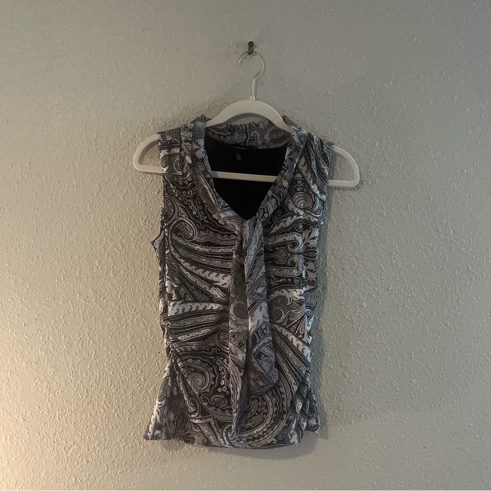 WHBM Tie Neck Paisley Blouse Sleeveless Black size s